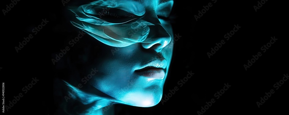 Poster a serene, illuminated face captures the essence of tranquility, blending art and emotion in a captiv