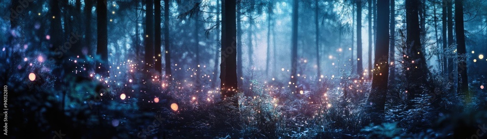 Poster a mystical forest scene illuminated by glowing orbs, creating a surreal and enchanting atmosphere am