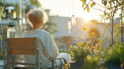A woman sits in a chair in a garden with a bottle of water