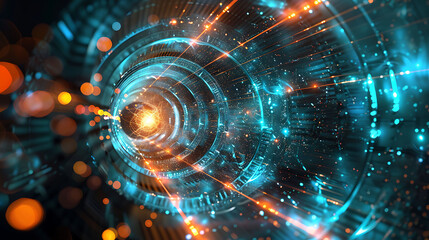 Futuristic depiction of a particle accelerator detecting various subatomic particles including electrons and positrons