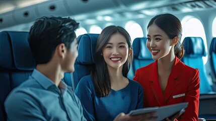 Obraz premium Flight Attendant Assisting Passengers on an Airplane