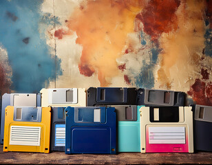 A collection of vintage floppy discs in various colors sits neatly arranged against a colorful, textured background, showcasing nostalgic computing technology from the past.
