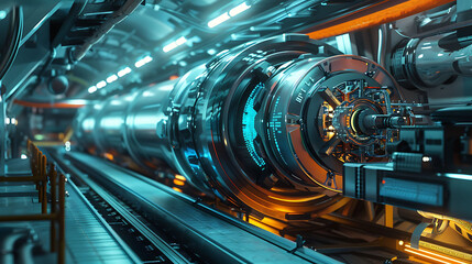 Futuristic depiction of a particle accelerator studying the interactions of Higgs bosons and quarks