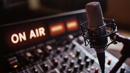 Close-up photograph of a microphone and soundboard with "ON AIR" text illuminated in a radio studio, capturing a live broadcast setup.