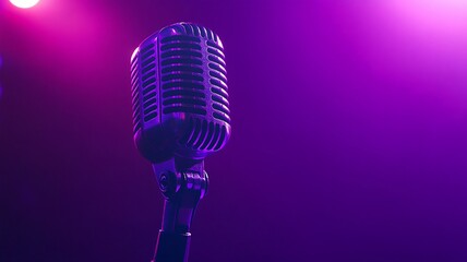 Close-up of an antique microphone on a stage, symbolizing old-school podcasting or broadcasting with a retro feel.
