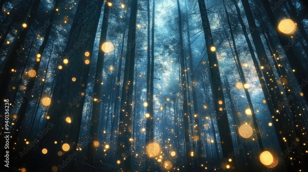 Poster Enchanting forest scene illuminated by glowing orbs, creating a magical atmosphere in a serene and tranquil environment.
