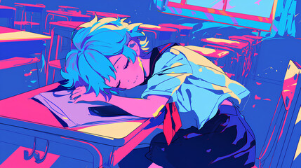 a boy is sleeping in class, anime style, cute kawaii, simple, smiling happy, neon psychedelic background