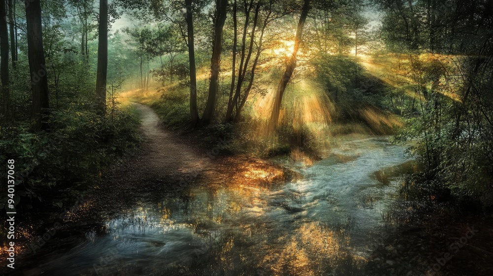 Aufkleber serene forest scene with sunlight streaming through trees, illuminating a peaceful stream and creati