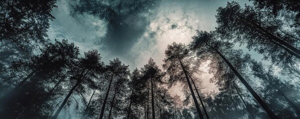 Fototapeta premium Majestic view of tall trees reaching toward the cloudy sky, creating a serene and mystical forest atmosphere.