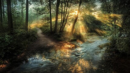 Obraz premium Serene forest scene with sunlight streaming through trees, illuminating a peaceful stream and creating a tranquil atmosphere.
