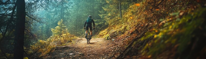A lone hiker walks along a beautiful forest trail, surrounded by vibrant foliage and soft sunlight filtering through trees.