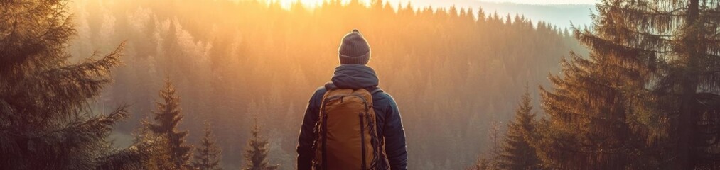 A lone traveler stands before a stunning sunrise in a forest, basking in the golden light and embracing nature's beauty.
