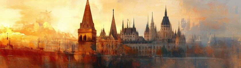 Fototapeta premium Stunning sunset over an ancient city, with beautiful architecture silhouetted against vibrant hues of orange and gold.