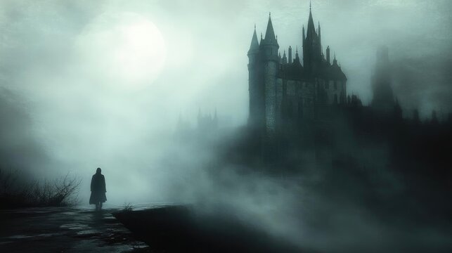 A mysterious figure walks towards an eerie castle shrouded in mist under a full moon, evoking a sense of intrigue and suspense.