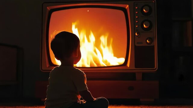 Child sits transfixed before old television displaying dancing flames. Low angle shot emphasizes small silhouette against warm, flickering light. Retro ambiance evokes nostalgia and wonder.	