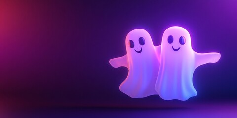 Minimalistic 3D render of a cute ghost couple floating on a dark purple background, featuring neon colors. Halloween concept with space for text.
