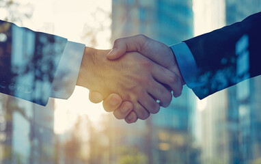 photo of two business man hand shaking office background