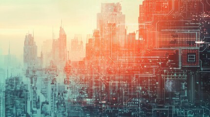 Obraz premium Futuristic skyline with abstract digital elements and warm color gradients, showcasing a blend of technology and urban beauty.