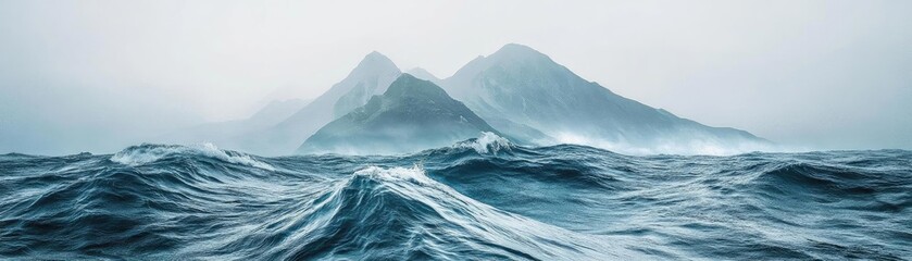 A serene landscape featuring misty mountains rising above tranquil ocean waves, embodying nature's beauty and calmness.