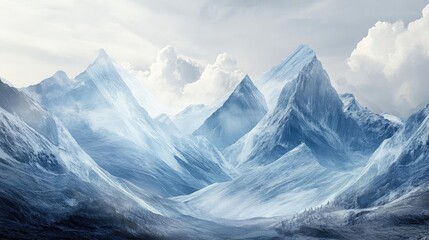 Fototapeta premium Breathtaking snowy mountain landscape, showcasing majestic peaks under a softly lit sky, perfect for nature lovers and adventurers.