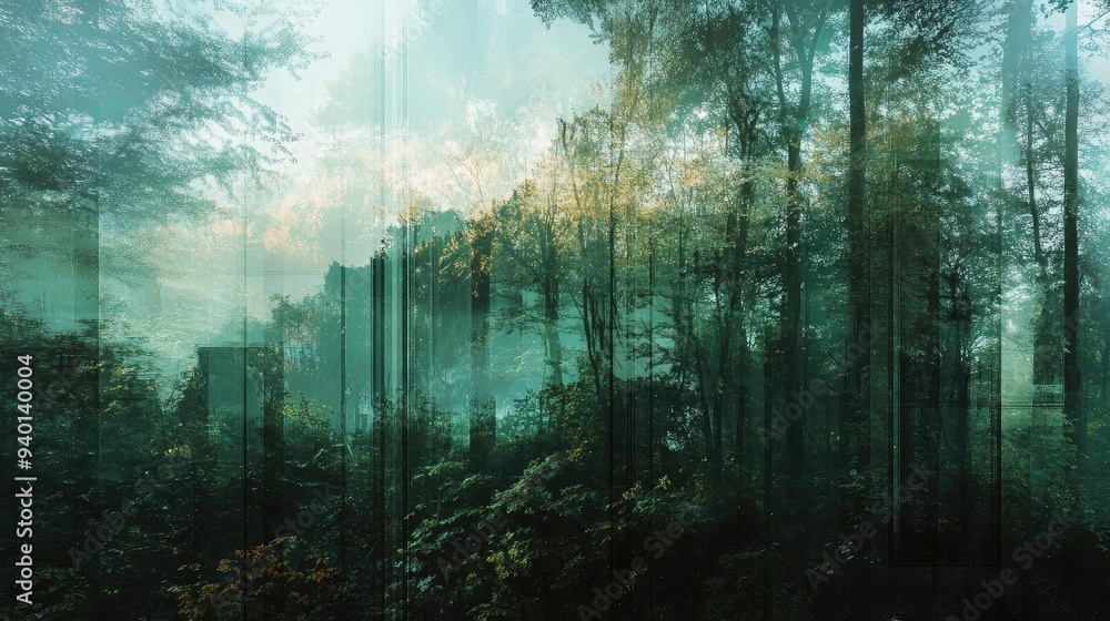 Poster misty forest landscape with ethereal light filtering through tall trees, creating a serene and tranq