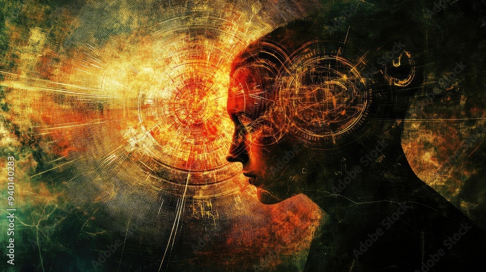 Poster a surreal representation of a human head with abstract patterns, symbolizing thoughts and imaginatio