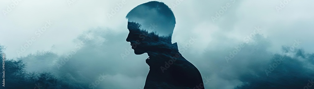 Poster A silhouette of a person with a dreamy landscape reflected in their outline, creating a sense of introspection and tranquility.