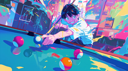 Fototapeta na wymiar a boy playing billiards, anime style, cute kawaii, simple, smiling happy, neon psychedelic background