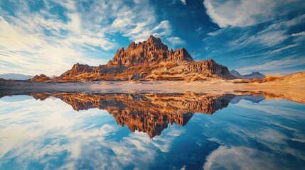 Stunning mountain landscape reflected in clear water under a blue sky with fluffy clouds, perfect for nature enthusiasts.