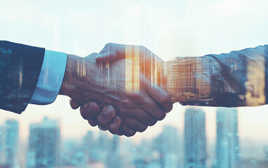photo of two business man hand shaking office background