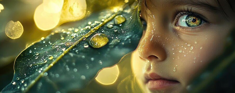 A close-up of a child's face with raindrops on leaves, capturing the essence of nature and emotion in a serene moment. - Powered by Adobe
