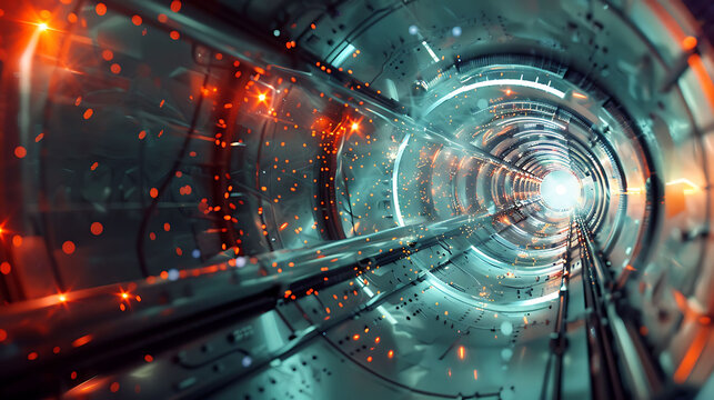 Futuristic particle collider showing the interaction of Higgs bosons and atomic particles