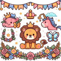 A collection of cartoon animals including a lion