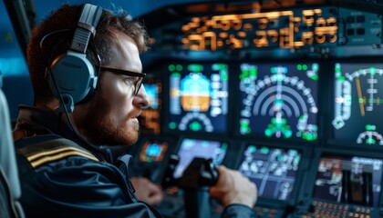 Fototapeta premium Pilot in Cockpit of Airplane