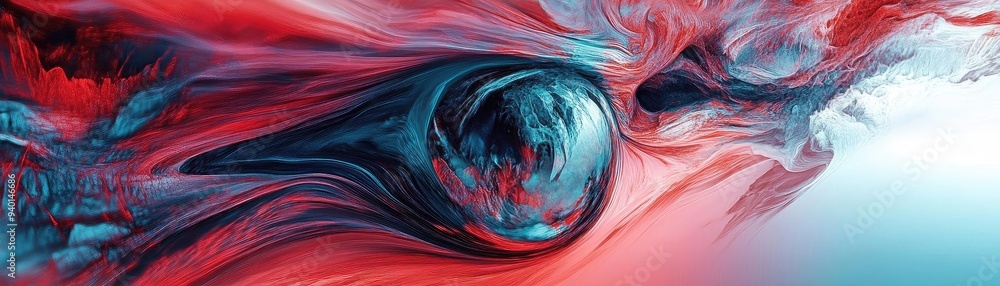 Poster abstract art featuring vibrant swirls of red and blue, creating a mesmerizing visual effect and capt