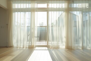 Fototapeta premium Serene Interior with Translucent White Curtains and Sunlight Filtering Through Glass Doors