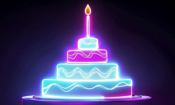 Tasty Cake neon sign, bright signboard, light banner. Cake logo, emblem. Holiday Flyer, Happy Birthday ,valentine greeting Card. Heart, Wedding cake and Romantic girl. Vector illustration.