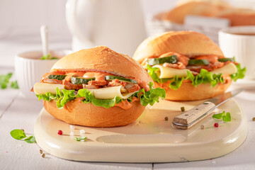 Spicy and fresh sandwich for breakfast in summer.