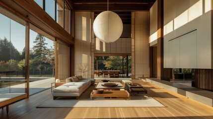 Minimalist Elegance - Tranquil Room with Oversized Paper Lantern Casting Soft Light