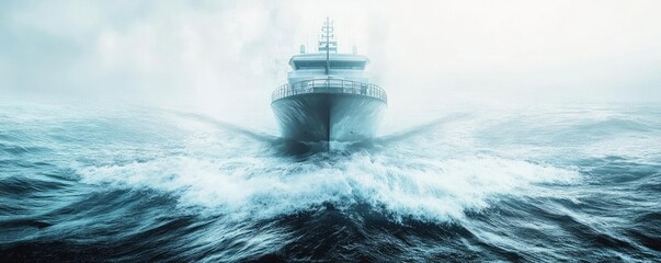 A powerful ship navigating through turbulent waters, showcasing strength and resilience amidst a misty marine landscape.