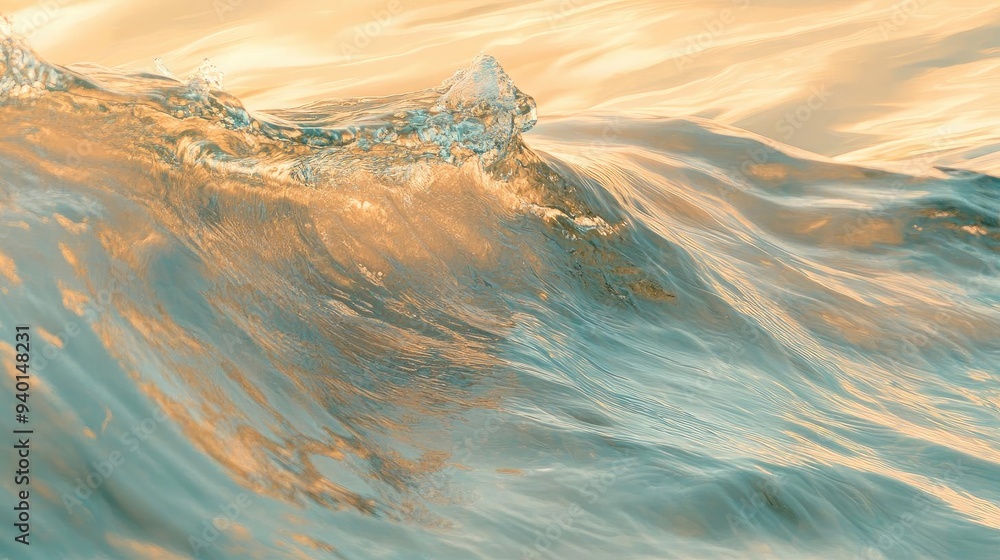 Poster a serene close-up of gentle waves shimmering in golden light, creating a tranquil and reflective wat