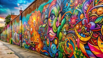 Fototapeta premium Wall adorned with colorful graffiti artwork , urban, street art, spray paint, mural, graffiti artists, vibrant