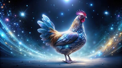 Fototapeta premium Celestial hen with shimmering stardust feathers in perfect lighting, celestial, hen, feathers, shimmer, stardust, regal