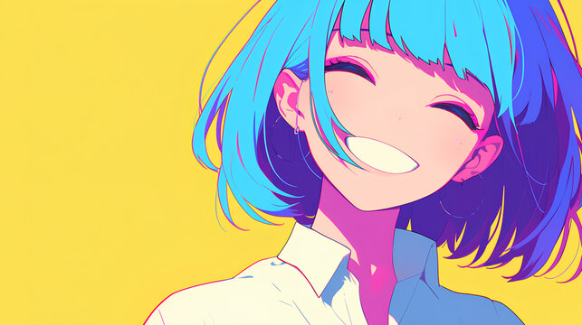 a female office worker, anime style, cute kawaii, simple, smiling happy, neon psychedelic background