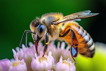 A honey bee resting on a flower, collecting nectar, with the soft morning light highlighting the delicate details of the scene