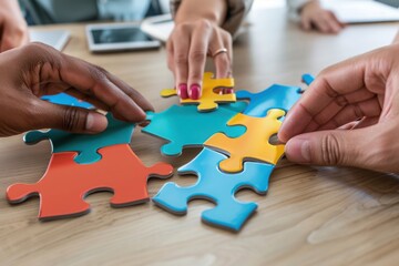 Hands collaborating on colorful puzzle pieces