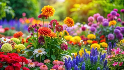 Obraz premium Colorful variety of flowers blooming in a vibrant garden , blooms, petals, nature, garden, floral, vibrant, colorful