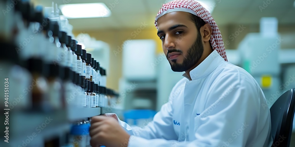 Poster man in a white lab coat and a red and white headscarf looking at the camera in a laboratory setting 