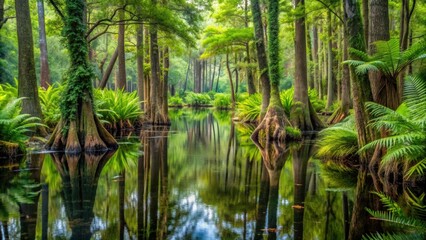 Swamp trees surrounded by water and ferns, swamp, trees, water, ferns, wetland, nature, environment, greenery, foliage