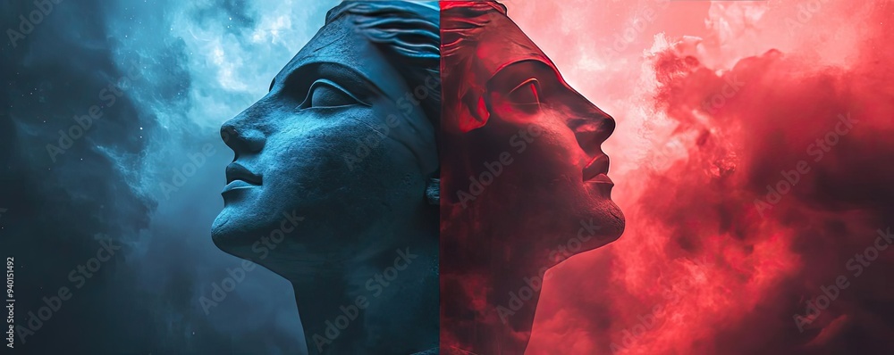 Poster a striking artistic representation of a statue split between blue and red hues, illustrating contras